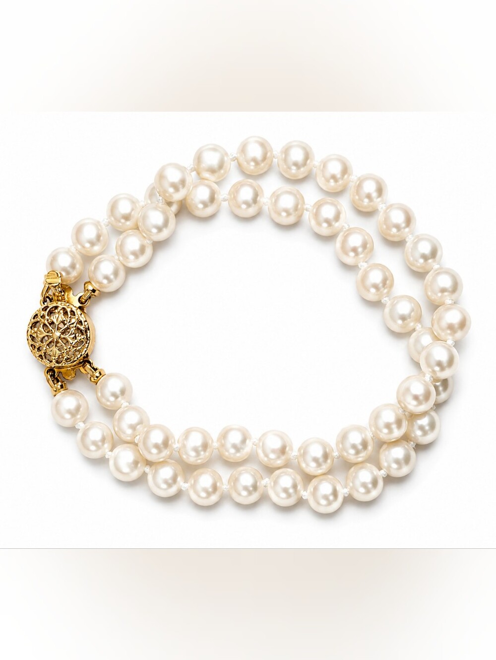 Vintage Double Strand Faux Pearl Bracelet Hand Knotted Gold Filigree Clasp 7"